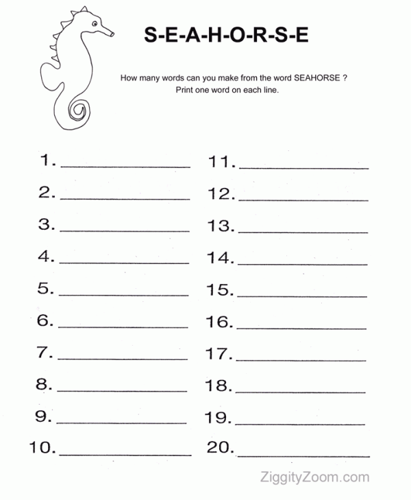 Seahorse Word Worksheet Kids