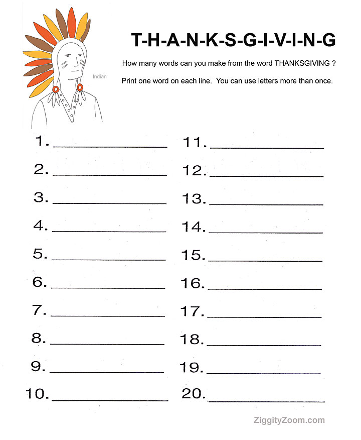 Thanksgiving Word Worksheet